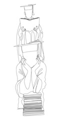 One continuous line of two university student graduation celebration with books. Thin Line Illustration vector concept. Contour Drawing Creative ideas.