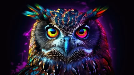 Schilderijen op glas portrait of an owl in neon colors © PixelDreamer