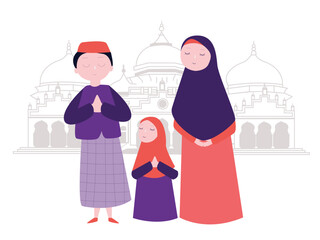 Family muslim religion dad mom and kid wearing hijab greeting happy ied smile happy expression in front of mosque