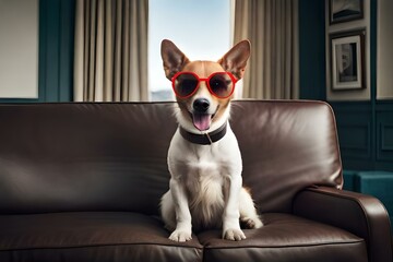chihuahua dog sitting on a sofa wearing sunglasses watching television generated AI
