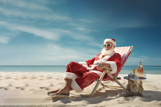 Santa in a red Christmas suit is enjoying himself on a lounger on the beach. Holiday vacation concept