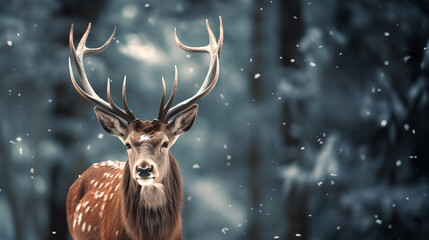 Majestic Winter Encounter Noble Deer Male in Snowy Forest - Artistic Winter Christmas Landscape. created with Generative AI