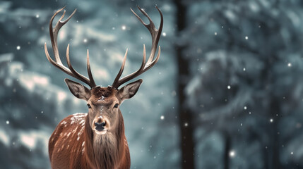 Naklejka na ściany i meble Majestic Winter Encounter Noble Deer Male in Snowy Forest - Artistic Winter Christmas Landscape. created with Generative AI