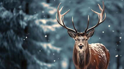 Majestic Winter Encounter Noble Deer Male in Snowy Forest - Artistic Winter Christmas Landscape. created with Generative AI