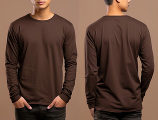 Man wearing a brown T-shirt with long sleeves. Front and back view