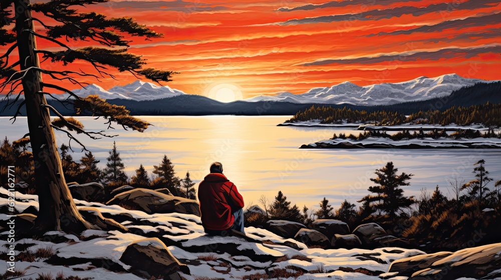 Wall mural Landscape art at sunrise sunset. Beautiful view. Painting of a man overlooking a lake. Snowy forest clearing.