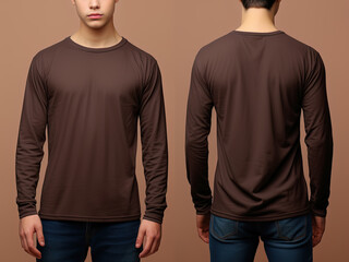 Man wearing a brown T-shirt with long sleeves. Front and back view