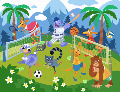 Cute animals playing sports. Balls, rackets, nets. Sports games on the playground. Vector cartoon scene. Funny animals in sports suits.