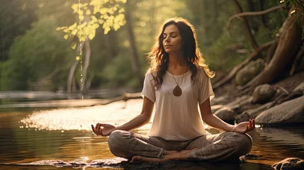 Ingelijste posters Woman meditates in peace in the outdoors. Serene quiet by a stream. Yoga by a lake © Fox Ave Designs