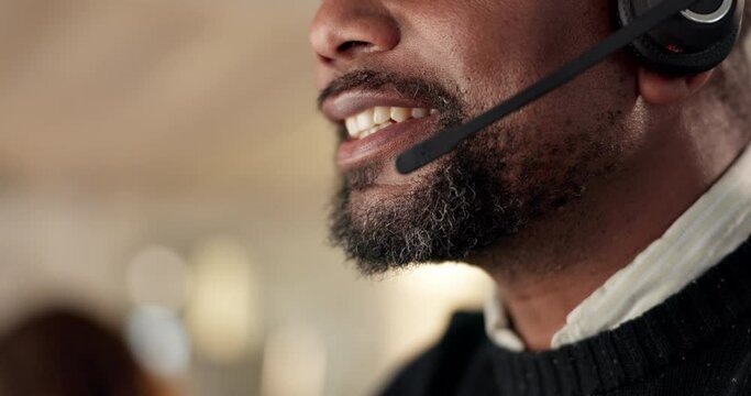 Mouth, call center and man talking on microphone for customer service, advice or crm. Face of happy black person working late with headset for telecom, telemarketing or technical support at help desk