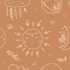 Seamless pattern with cute sun, cloud, moon and planet in boho style. Vector illustration for textile, paper. Baby shower digital paper. © Ольга Агуреева