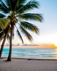 Coconut palm tree on the beach at sunset. Beautiful tropical landscape. Generative AI