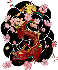 hand drawn Dragon tattoo ,coloring book japanese style.Japanese old dragon for tattoo.Symbol of chinese dragon illustration on background for T-shirt. Traditional Asian tattoo the old dragon vector.