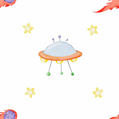 seamless pattern on the theme of space. cute childish pattern with flying saucer, spaceship, comet, meteorite. space pattern for children's textiles, printing, scrapbooking, wrapping paper. space