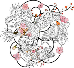 hand drawn Dragon tattoo ,coloring book japanese style.Japanese old dragon for tattoo.Symbol of chinese dragon illustration on background for T-shirt. Traditional Asian tattoo the old dragon vector.