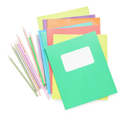 Different colorful notebooks with pencils isolated on white background