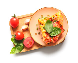 Plate of pasta with tomato sauce and cheese on grey background