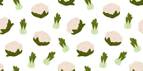 Green vegetable pattern. Seamless vegetarian background, cauliflower and bok choy veggies. Printable vegan repeating print. Repeatable flat vector illustration for wrapping, textile, fabric, wallpaper
