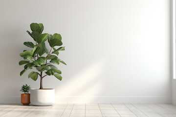 Fiddle Leaf Fig Plant in Pot on White Wall Background with Sunlight on Bright Day