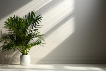 Fototapeta na wymiar Houseplant of aTropical Plant in Pot on White Wall Background with Sunlight from the Window