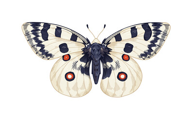 Parnassius Apollo, beautiful exotic butterfly species. Flying moth in realistic detailed style. Tropical insect. Retro hand-drawn vector illustration isolated on white background