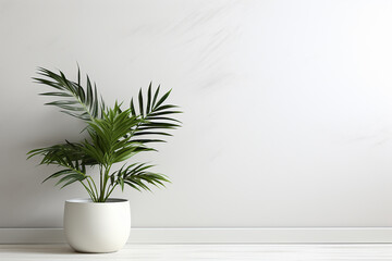Tropical House Plant in Pot with Space on Aesthetic White Wall Background