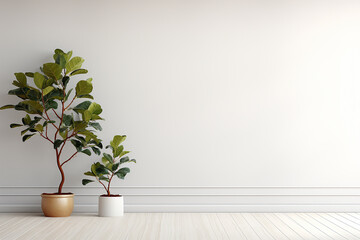 Decoration of Fiddle Leaf Fig Plant in Pot with Space on White Wall Background