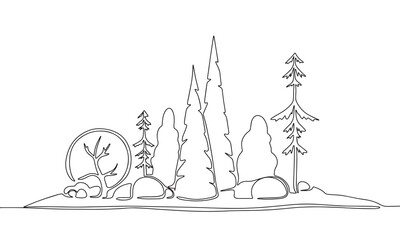 Many tree on little island, one line continuous. Forest concept banner. Line art outline vector illustration isolated on white background.