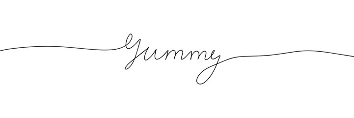 Monoline phrase yummy. One line continuous text calligraphy handwriting lettering. Vector illustration.