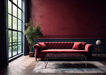 blank wall dark red  style interior mockup living room - 622166160