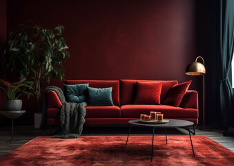 blank wall dark red  style interior mockup living room