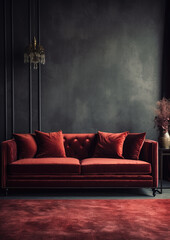blank wall dark red  style interior mockup living room