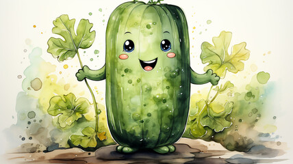 Drawn smiling green cucumber on light background, concept of harvest and agriculture