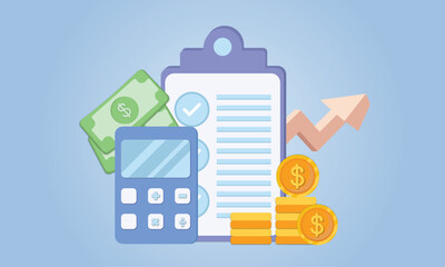 Clipboard with graphs and charts, audit debit and credit calculations. Accounting and taxes. Financial report, digital accounting, financial research.on blue background.Vector Design Illustration.