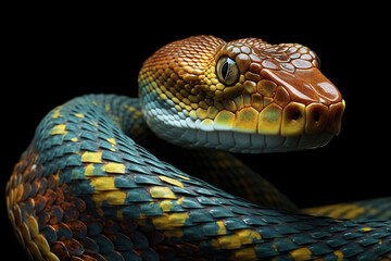 Obraz premium Close-up yellow-green dangerous snake, reptile predator on a dark background