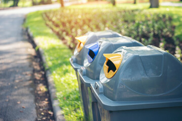 Trash cans for sorting garbage recycle bin waste plastic container collection. Reuse, reduce,...