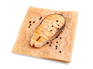 Tasty grilled salmon steak on white background