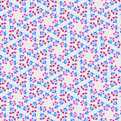 Simple botanical pattern with purple fuchsia magenta flowers and blue leaves flat lay on light background