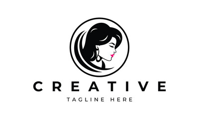 Illustration of women's hairstyle icon, logo with women's face. Vector beauty concept.