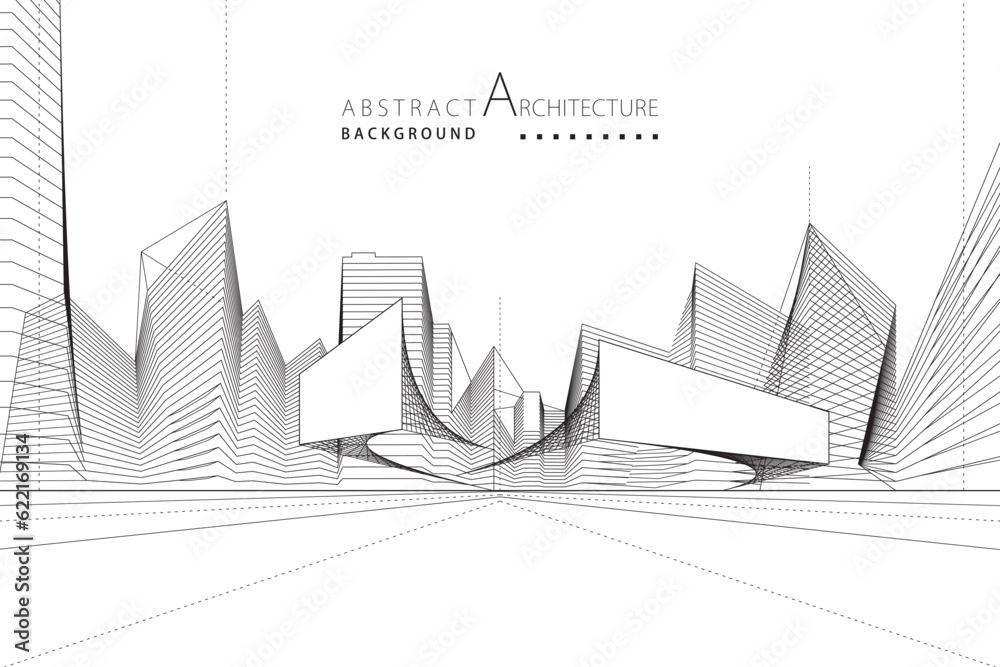 Poster 3d illustration abstract modern urban building out-line black and white drawing of imagination archi