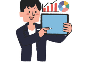 タブレットの画面を見せながら説明する男性　ファイナンシャープランナーや会計士、税理士など