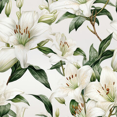 Seamless pattern watercolor illustration background of botanic garden lily flowers. AI