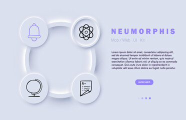 University education line icon. Bell, atom sign, highest score, globe, Neomorphism steyle. Vector line icon