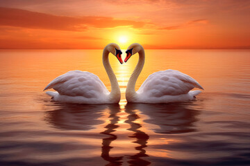 2 majestic white swans swim in the glassy waters of the Baltic Sea in front of a stunning orange sunset, The swans form a heart, soft lightinig