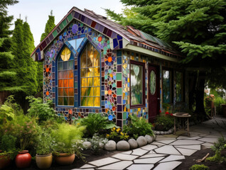 A tiny house with colorful stained glass windows in a flower garden