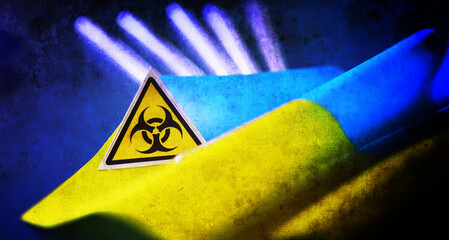 Ukrainian flag biohazard and test tubes. Western biological laboratories in Ukraine. Assistance to...