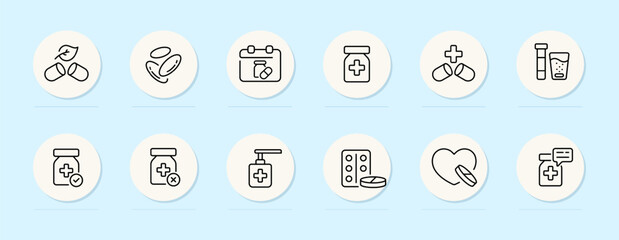 Hospital line icon. Pill, heart, treatment, doctor, nurse, antiseptic, blister. Pastel color background. Vector line icon for business