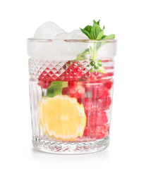 Glass of fresh raspberry lemonade with mint on white background