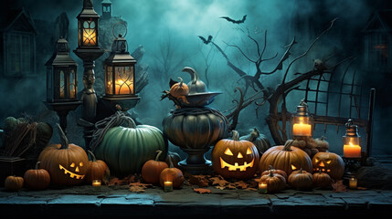 Halloween pumpkins and dark castle In the graveyard on blue Moon background in the spooky night - Halloween Backdrop. Generative AI
