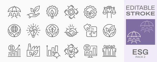 ESG icons, such as environment social governance, ecology, financial performance, sustainable developmen and more. Editable stroke. - obrazy, fototapety, plakaty